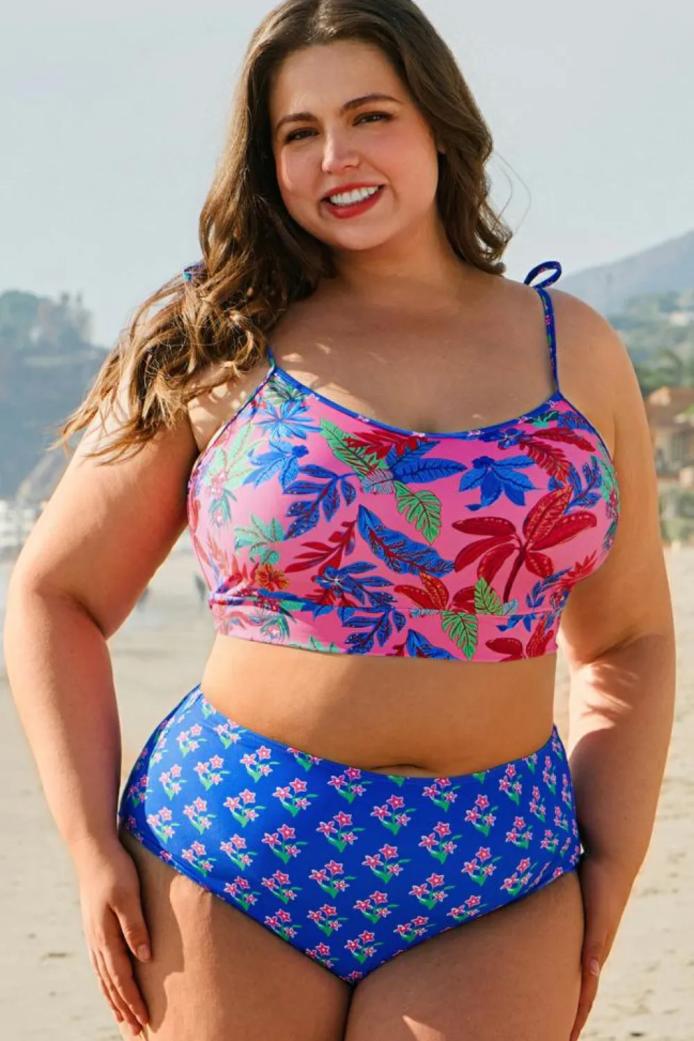 Clearance Dear-Lover Fashion Print Tied Straps Crop Vest and High Waist Plus Size Bikini Blue