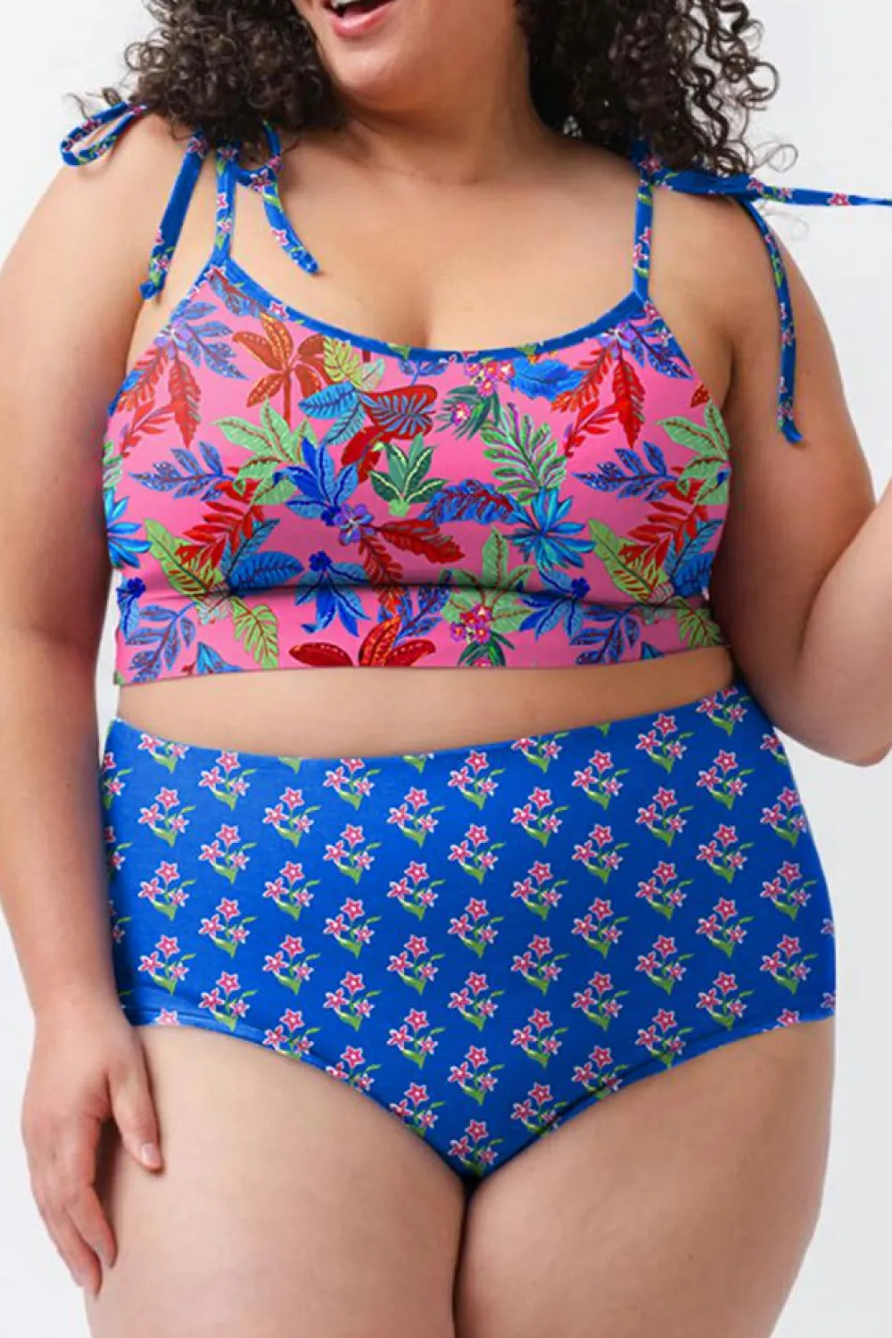 Clearance Dear-Lover Fashion Print Tied Straps Crop Vest and High Waist Plus Size Bikini Blue