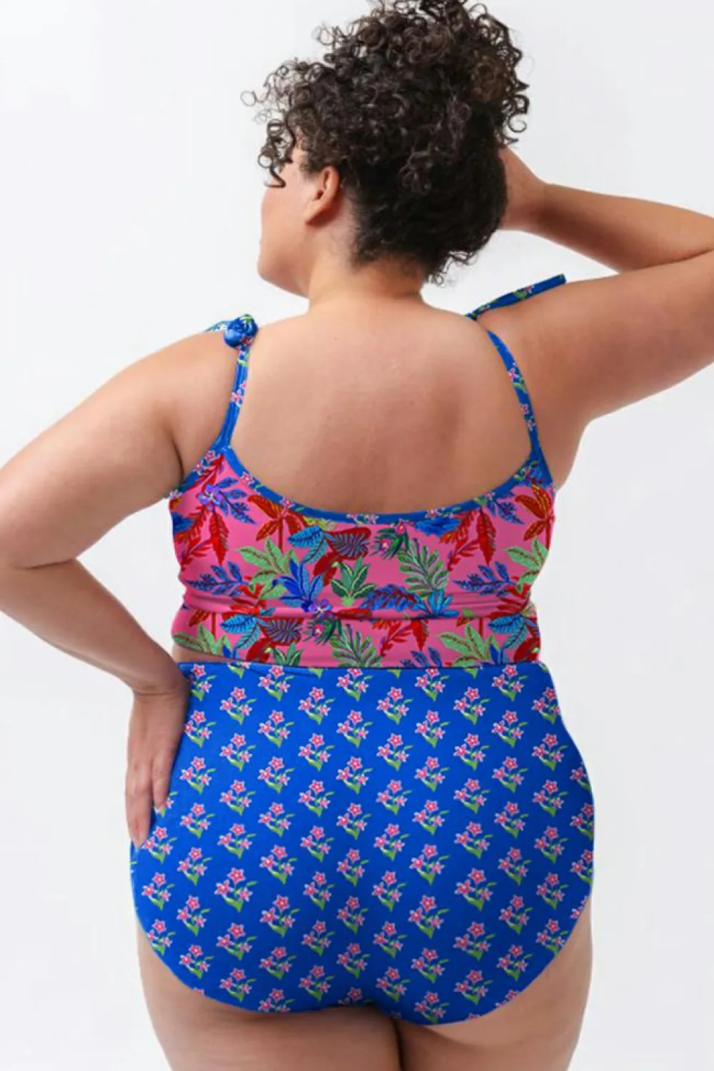 Clearance Dear-Lover Fashion Print Tied Straps Crop Vest and High Waist Plus Size Bikini Blue