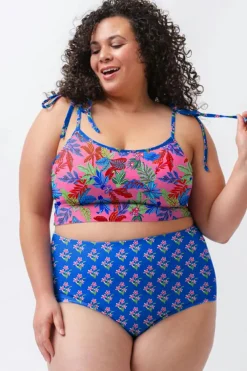 Clearance Dear-Lover Fashion Print Tied Straps Crop Vest and High Waist Plus Size Bikini Blue