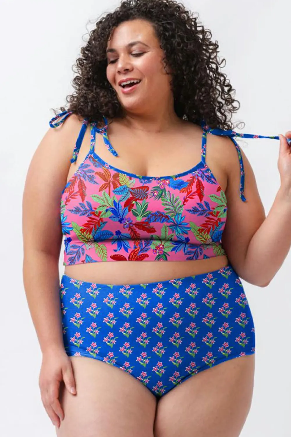 Clearance Dear-Lover Fashion Print Tied Straps Crop Vest and High Waist Plus Size Bikini Blue