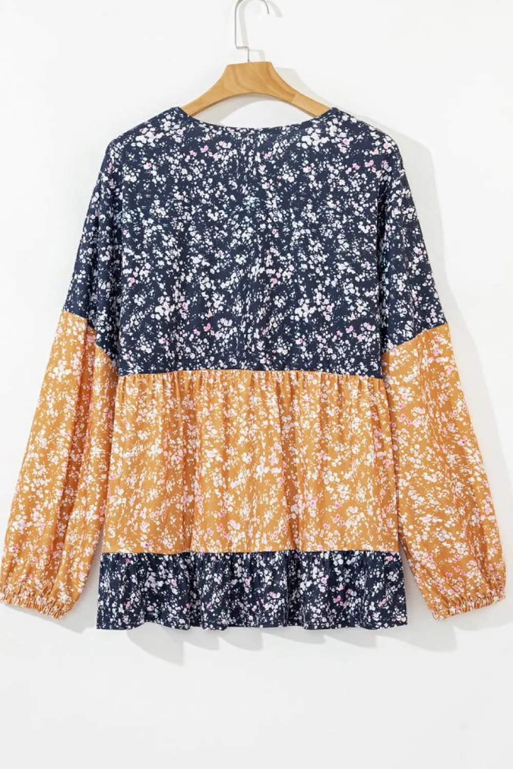 Clearance Dear-Lover Floral Color Block Patchwork Ruffled Hem Round Neck Blouse Blue
