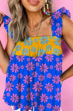 Sale Dear-Lover Floral Colorblock Flutter Straps Flowy Tank Top Blue