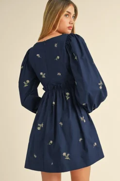 Online Dear-Lover Floral Embroidered Square Neck Puff Sleeve Ruffled Mini Dress Blue