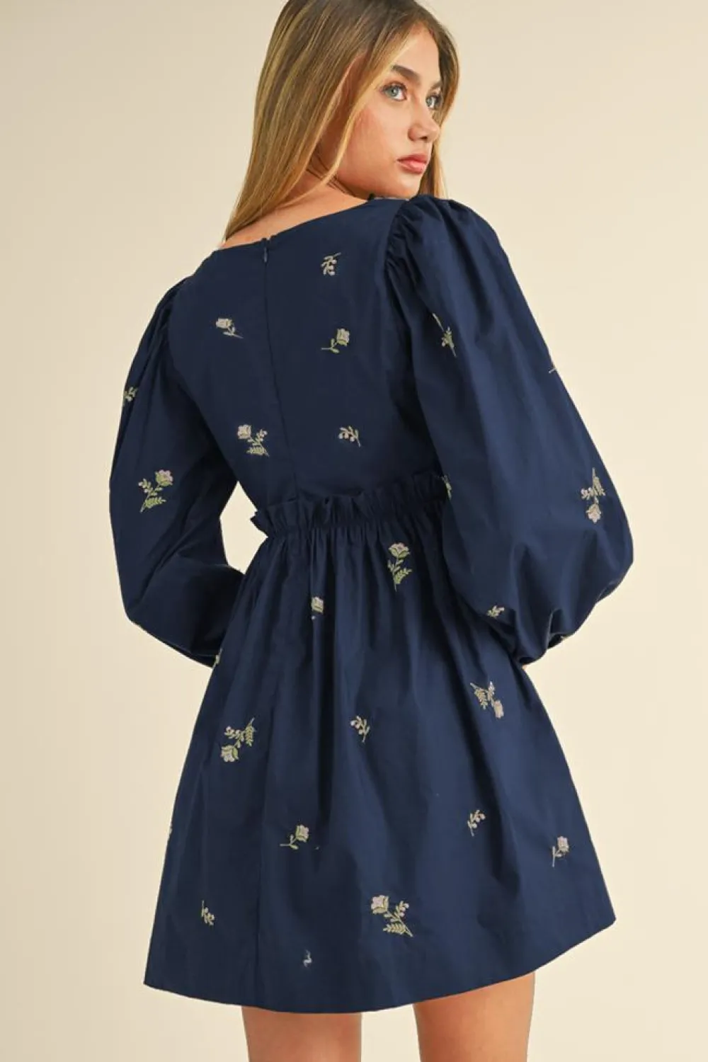 Online Dear-Lover Floral Embroidered Square Neck Puff Sleeve Ruffled Mini Dress Blue