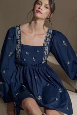 Online Dear-Lover Floral Embroidered Square Neck Puff Sleeve Ruffled Mini Dress Blue