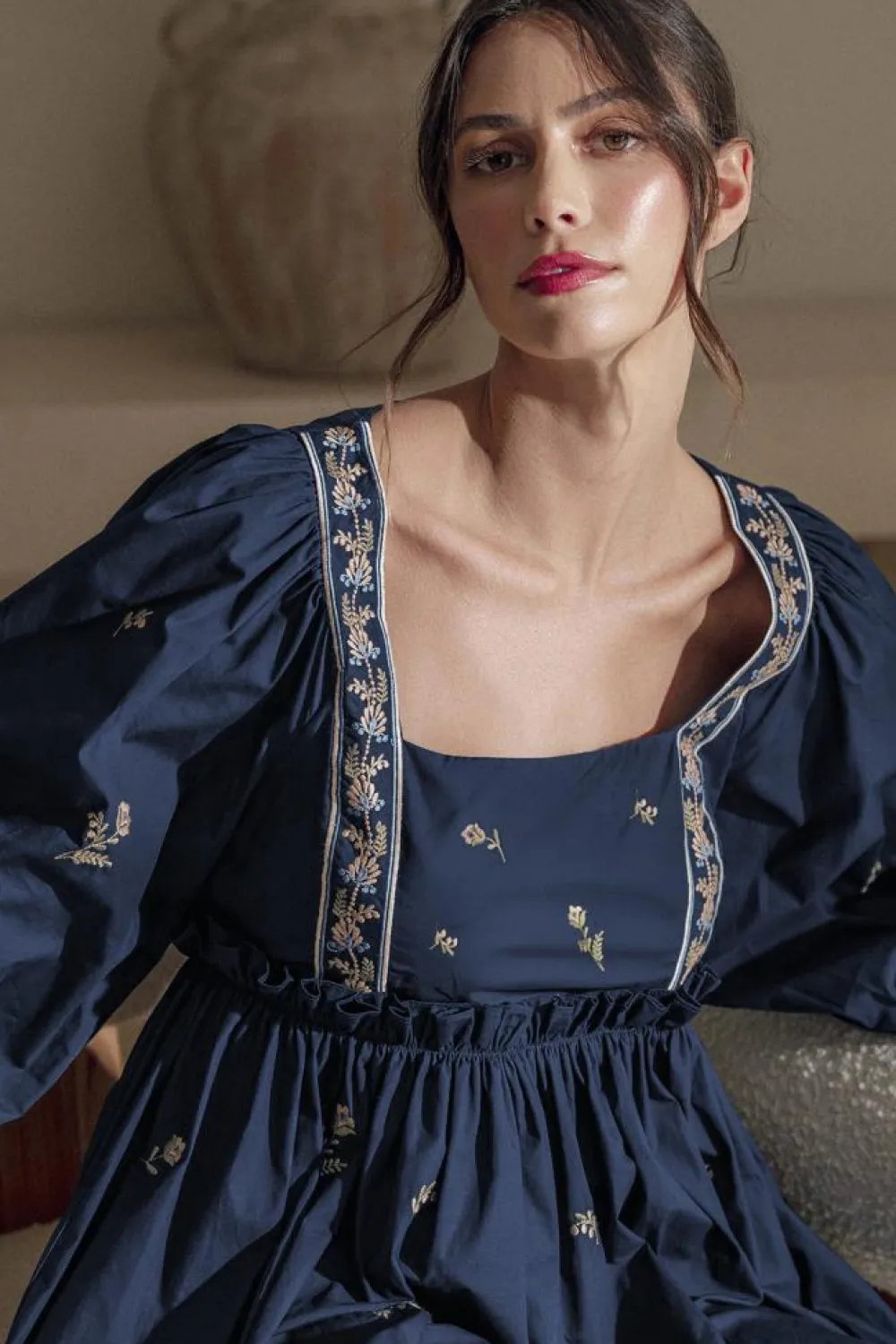 Online Dear-Lover Floral Embroidered Square Neck Puff Sleeve Ruffled Mini Dress Blue