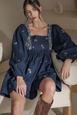 Online Dear-Lover Floral Embroidered Square Neck Puff Sleeve Ruffled Mini Dress Blue