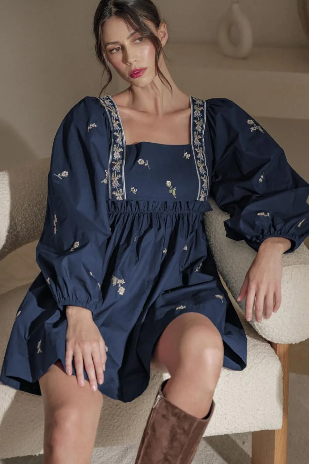 Online Dear-Lover Floral Embroidered Square Neck Puff Sleeve Ruffled Mini Dress Blue