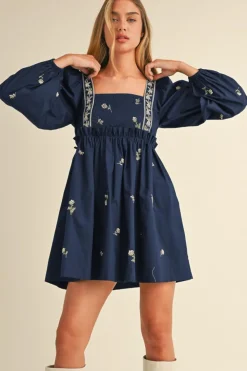 Online Dear-Lover Floral Embroidered Square Neck Puff Sleeve Ruffled Mini Dress Blue