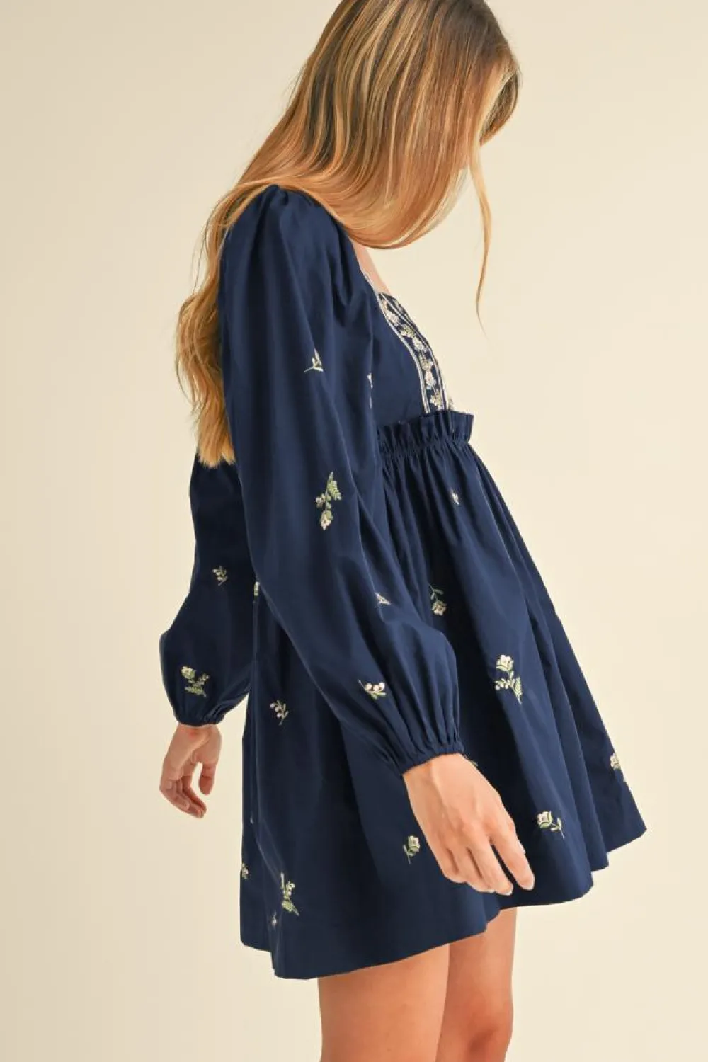 Online Dear-Lover Floral Embroidered Square Neck Puff Sleeve Ruffled Mini Dress Blue