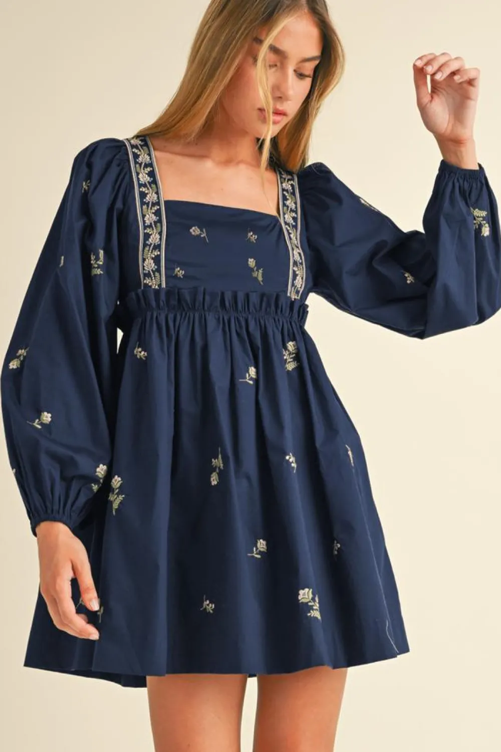 Online Dear-Lover Floral Embroidered Square Neck Puff Sleeve Ruffled Mini Dress Blue