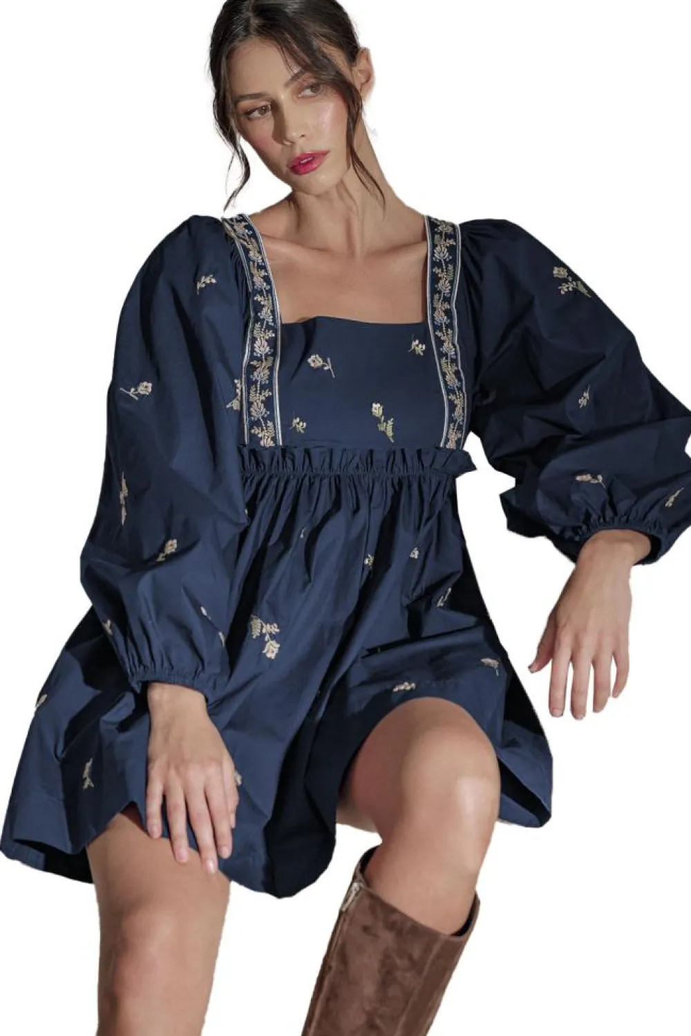 Online Dear-Lover Floral Embroidered Square Neck Puff Sleeve Ruffled Mini Dress Blue