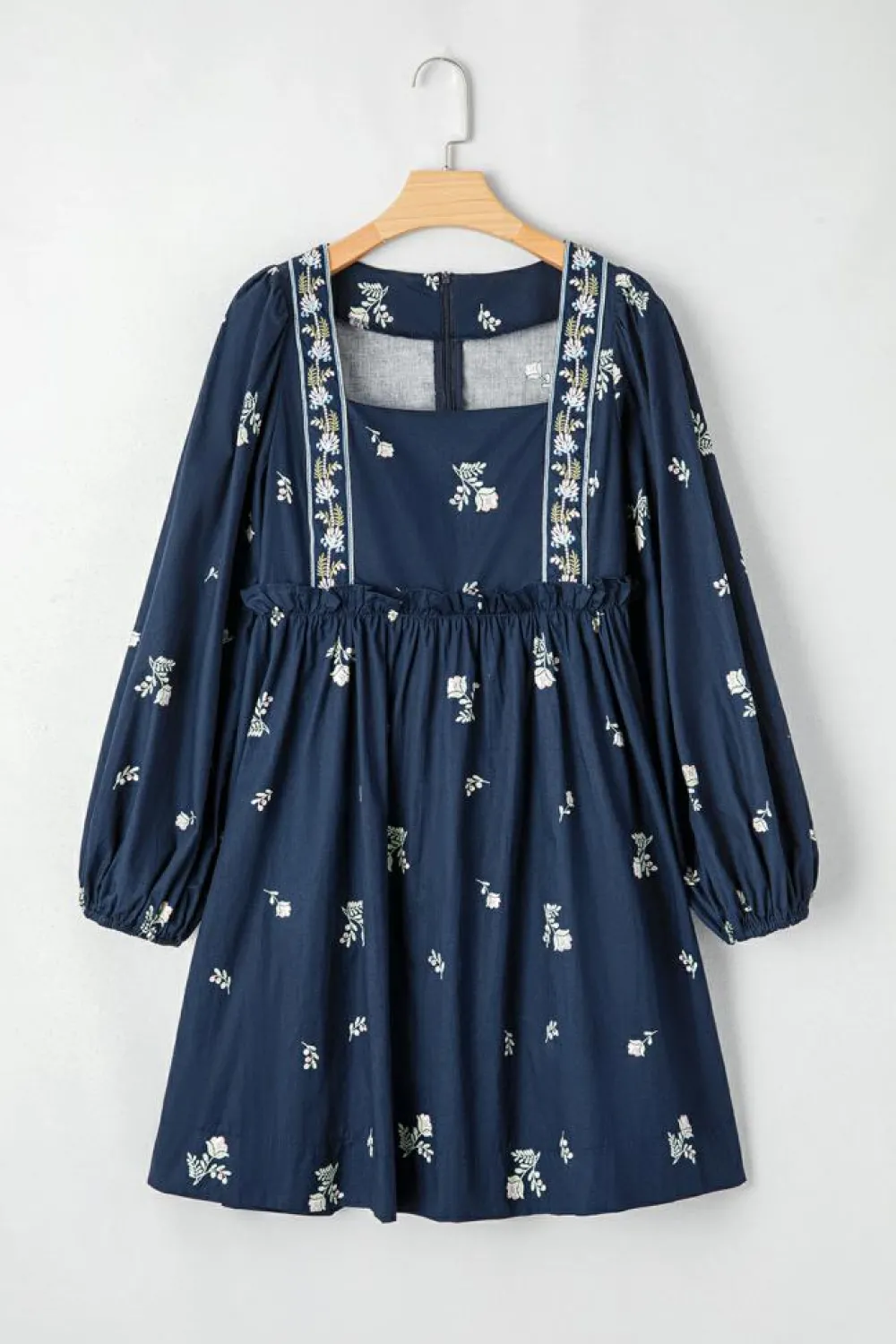 Online Dear-Lover Floral Embroidered Square Neck Puff Sleeve Ruffled Mini Dress Blue