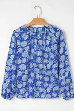 Sale Dear-Lover Floral Notched V-Neck Long Sleeve Blouse Blue