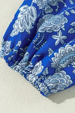 Sale Dear-Lover Floral Notched V-Neck Long Sleeve Blouse Blue