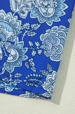 Sale Dear-Lover Floral Notched V-Neck Long Sleeve Blouse Blue