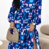 Sale Dear-Lover Floral Peasant Sleeve Tiered Ruffle Midi Dress Blue