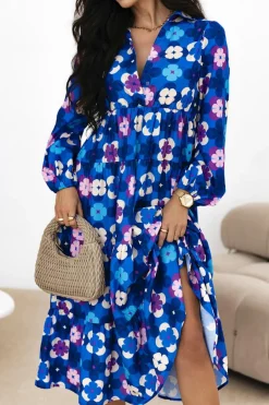Sale Dear-Lover Floral Peasant Sleeve Tiered Ruffle Midi Dress Blue