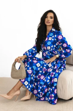 Sale Dear-Lover Floral Peasant Sleeve Tiered Ruffle Midi Dress Blue