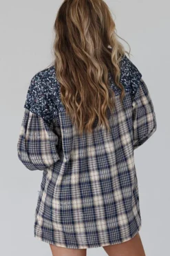 Outlet Dear-Lover Floral Plaid Mixed Print Bishop Sleeve Patchwork Top Blue