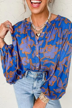 Hot Dear-Lover Floral Print Batwing Sleeve Buttoned Loose Fit Shirt Blue