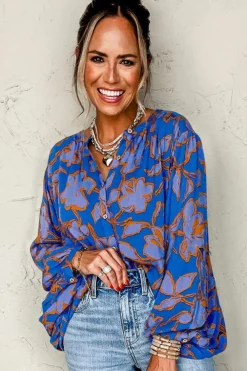 Hot Dear-Lover Floral Print Batwing Sleeve Buttoned Loose Fit Shirt Blue