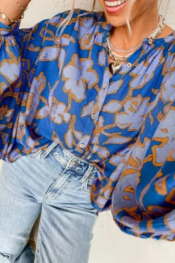 Hot Dear-Lover Floral Print Batwing Sleeve Buttoned Loose Fit Shirt Blue