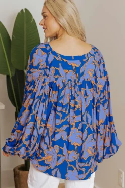 Hot Dear-Lover Floral Print Batwing Sleeve Buttoned Loose Fit Shirt Blue