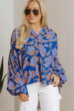 Hot Dear-Lover Floral Print Batwing Sleeve Buttoned Loose Fit Shirt Blue