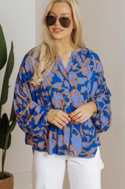 Hot Dear-Lover Floral Print Batwing Sleeve Buttoned Loose Fit Shirt Blue