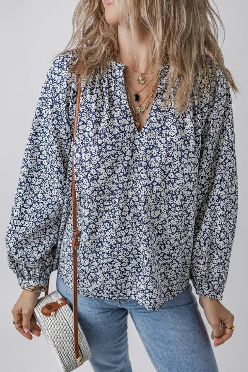 Sale Dear-Lover Floral Print Notched V Neck Puff Sleeve Blouse Blue