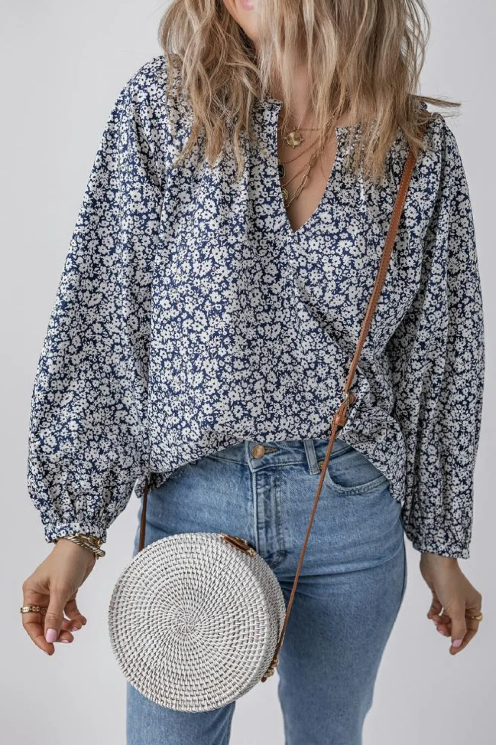 Sale Dear-Lover Floral Print Notched V Neck Puff Sleeve Blouse Blue