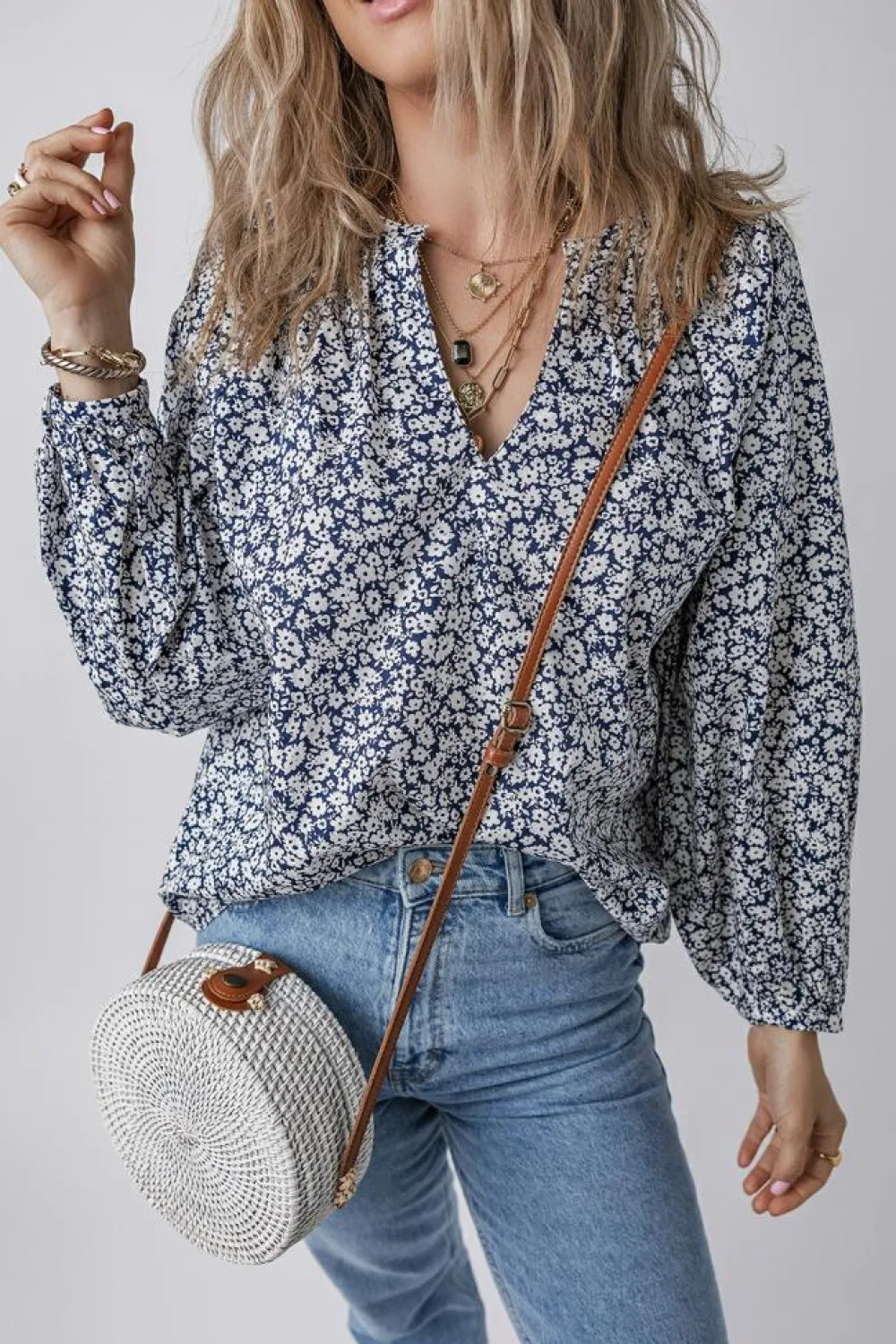 Sale Dear-Lover Floral Print Notched V Neck Puff Sleeve Blouse Blue