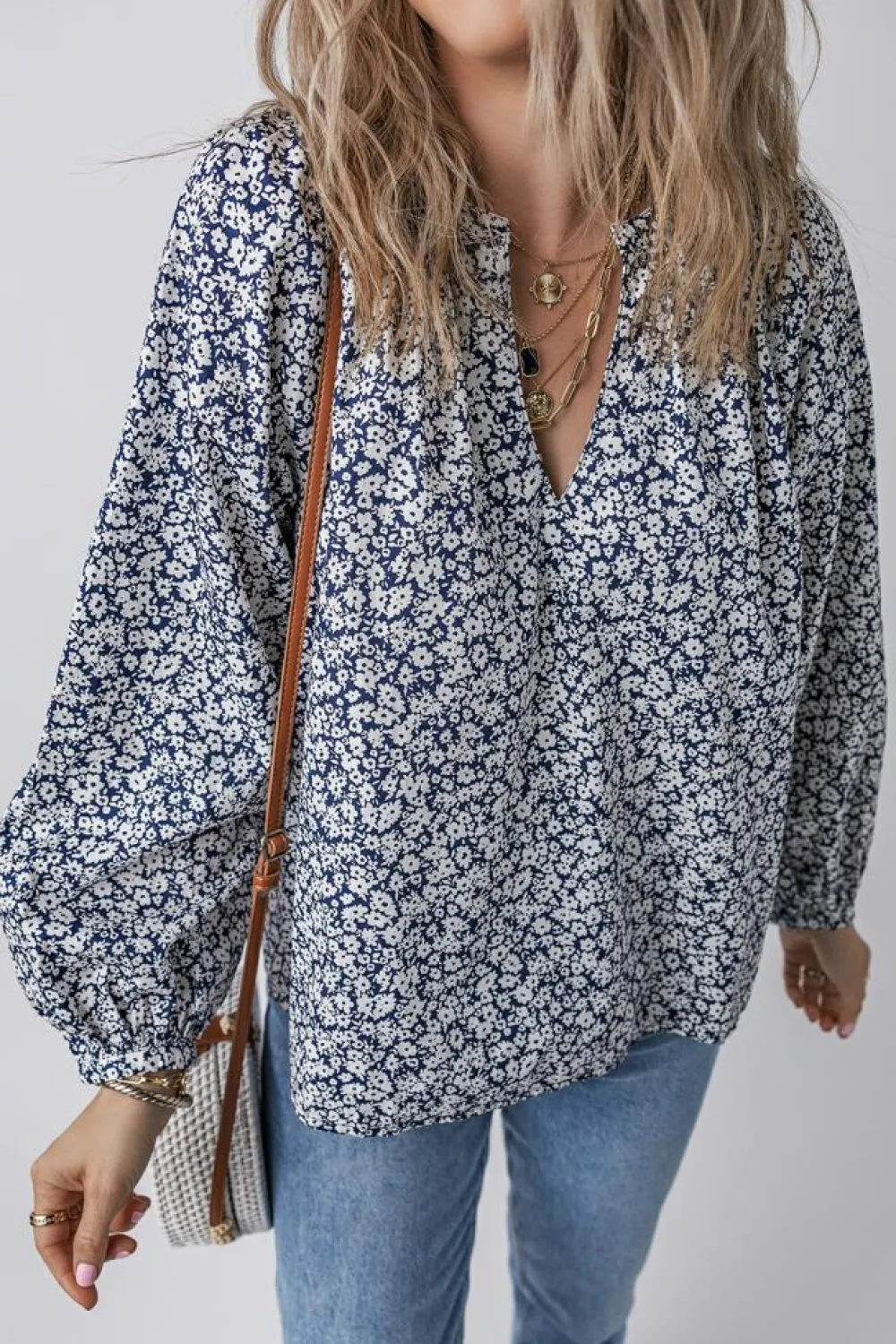 Sale Dear-Lover Floral Print Notched V Neck Puff Sleeve Blouse Blue