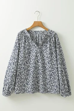 Sale Dear-Lover Floral Print Notched V Neck Puff Sleeve Blouse Blue