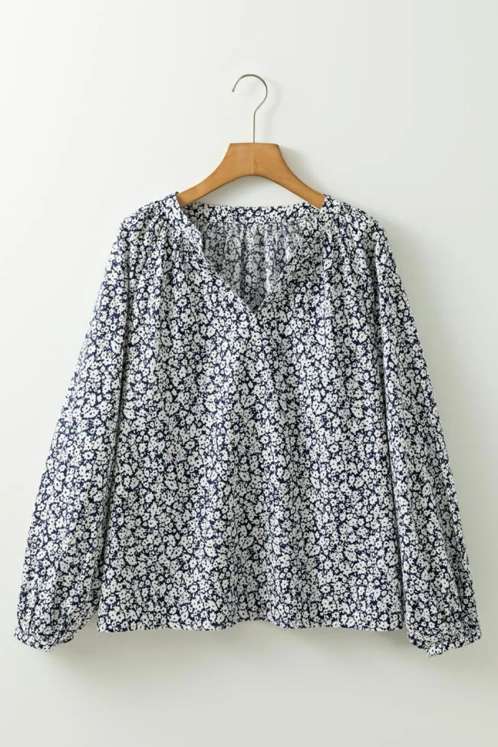 Sale Dear-Lover Floral Print Notched V Neck Puff Sleeve Blouse Blue