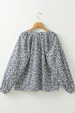 Sale Dear-Lover Floral Print Notched V Neck Puff Sleeve Blouse Blue