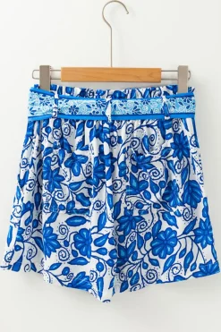 Discount Dear-Lover Floral Print Pocketed Front Knot High Waist Casual Shorts Blue