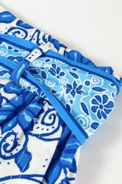 Discount Dear-Lover Floral Print Pocketed Front Knot High Waist Casual Shorts Blue