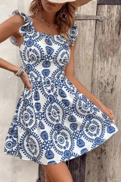 Online Dear-Lover Floral Print Ruffled Tied Backless A-line Mini Dress Blue