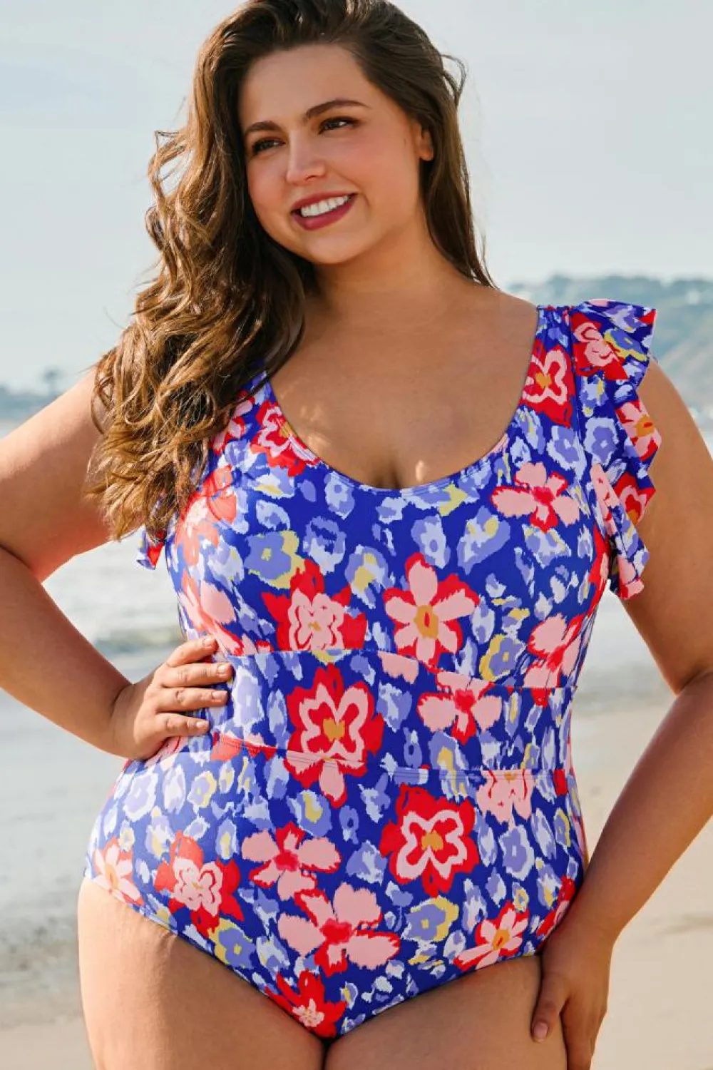 New Dear-Lover Floral Print Ruffled V Neck High Waist One Piece Swimwear Blue