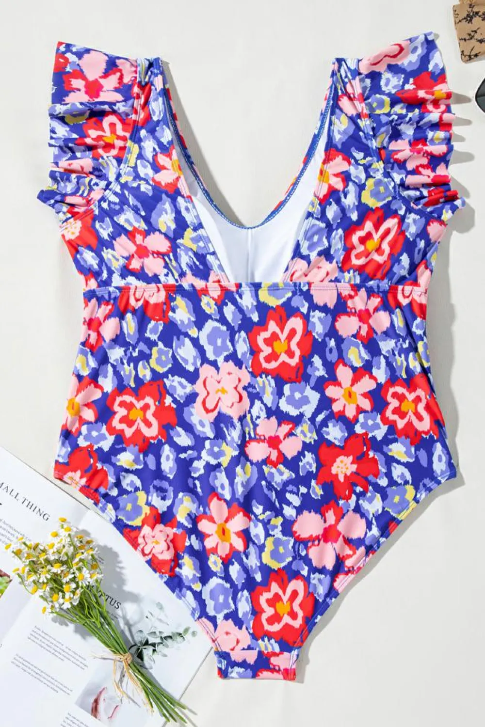 New Dear-Lover Floral Print Ruffled V Neck High Waist One Piece Swimwear Blue