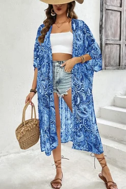 Outlet Dear-Lover Floral Print Side Slit Open Front Long Kimono Blue