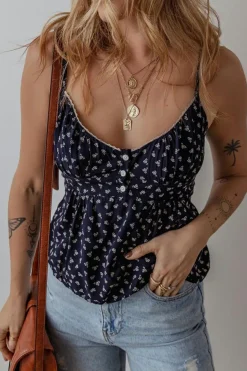 New Dear-Lover Floral Print Spaghetti Strap Buttoned V Neck Tank Top Blue