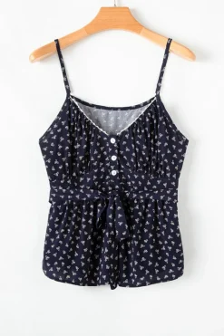 New Dear-Lover Floral Print Spaghetti Strap Buttoned V Neck Tank Top Blue