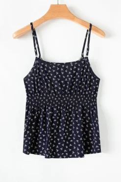 New Dear-Lover Floral Print Spaghetti Strap Buttoned V Neck Tank Top Blue