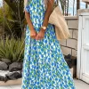 Fashion Dear-Lover Floral Print Square Neck Ruffled Strap Maxi Dress Blue