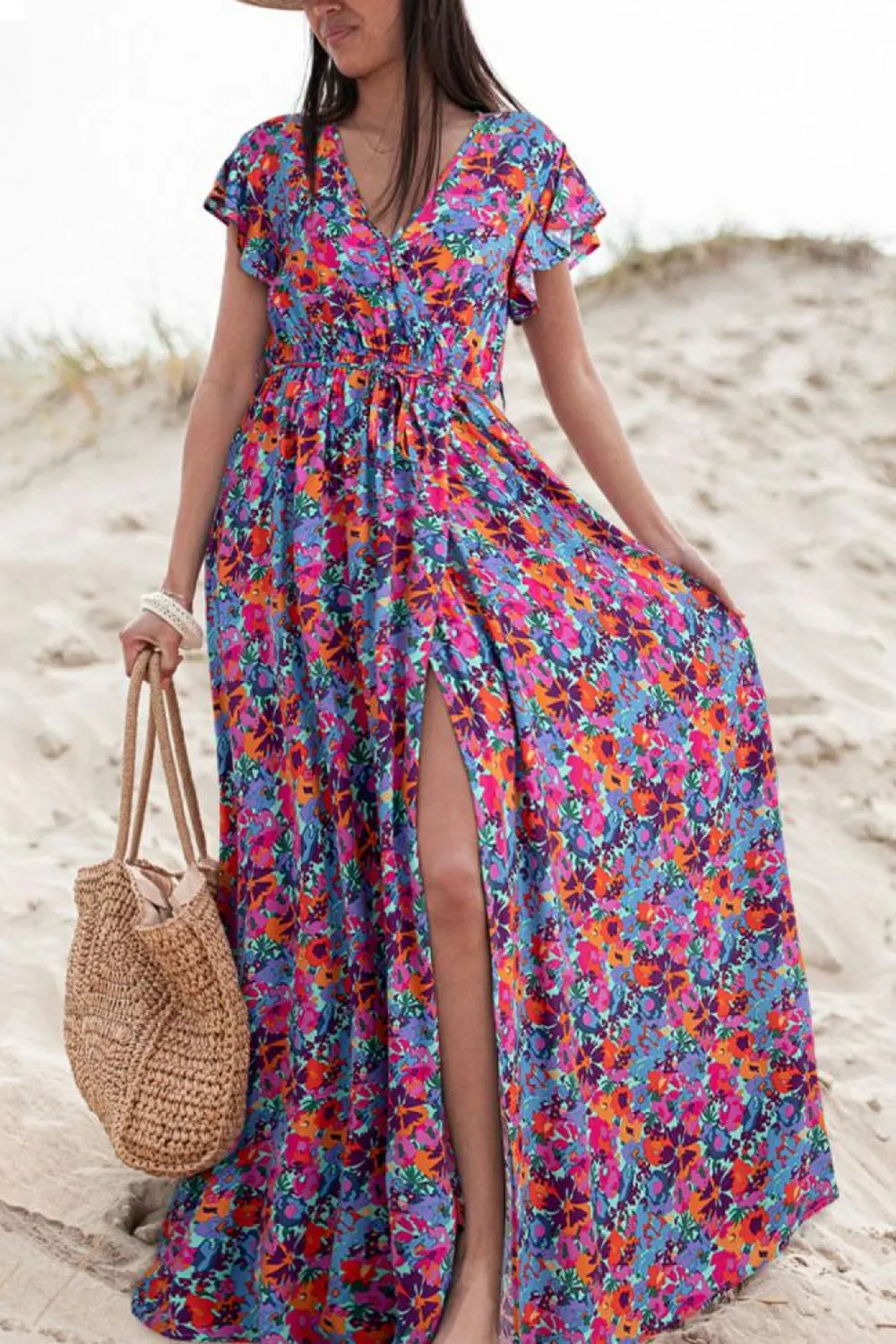 Best Dear-Lover Floral Print V Neck Wrap Split Maxi Dress Blue
