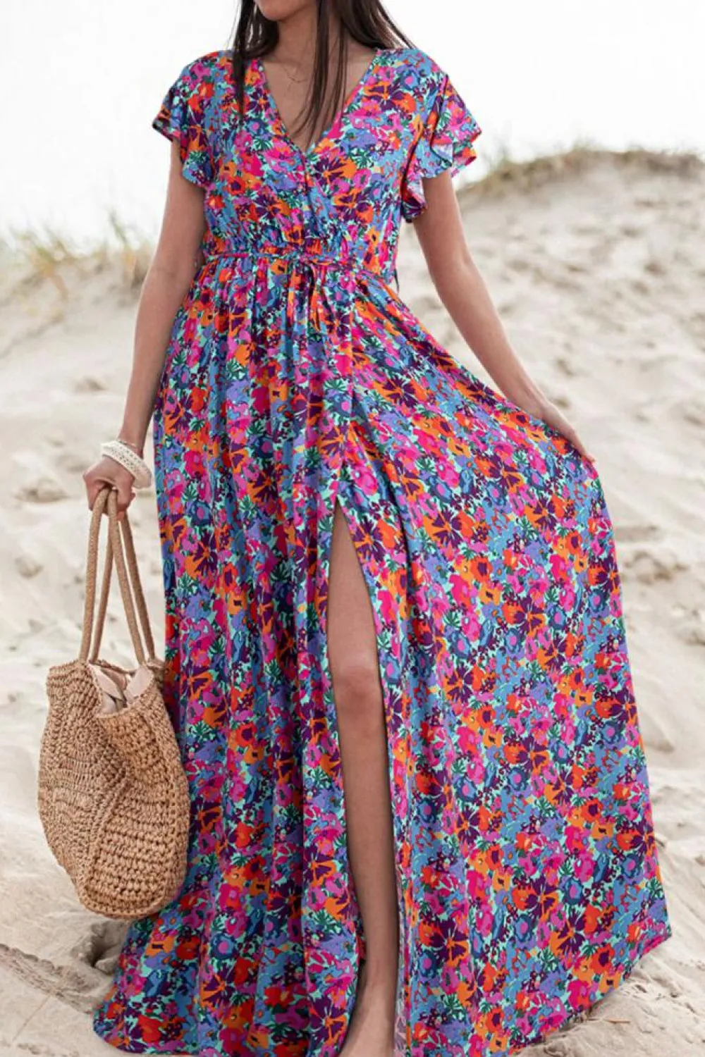 Best Dear-Lover Floral Print V Neck Wrap Split Maxi Dress Blue